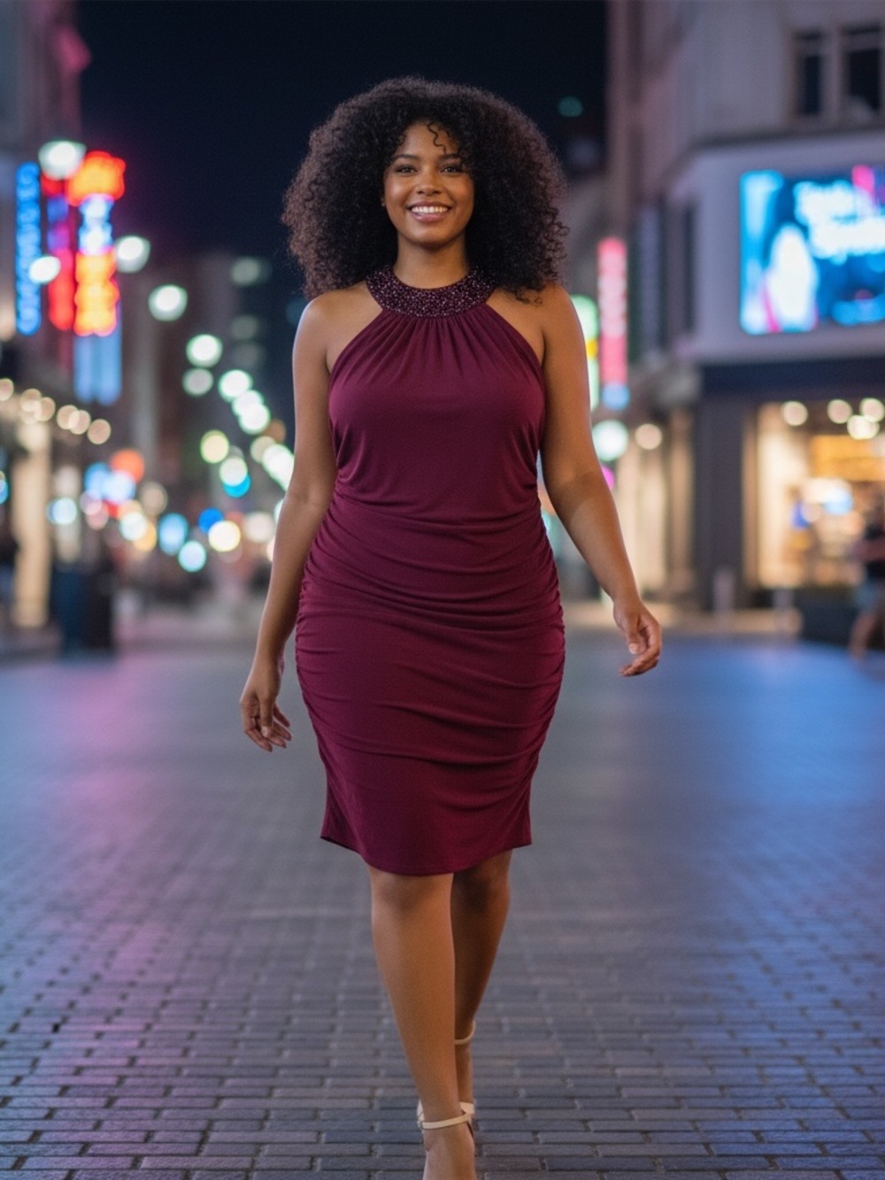 1X Sleeveless Wine Halter Dress Embellished Neckline Plus